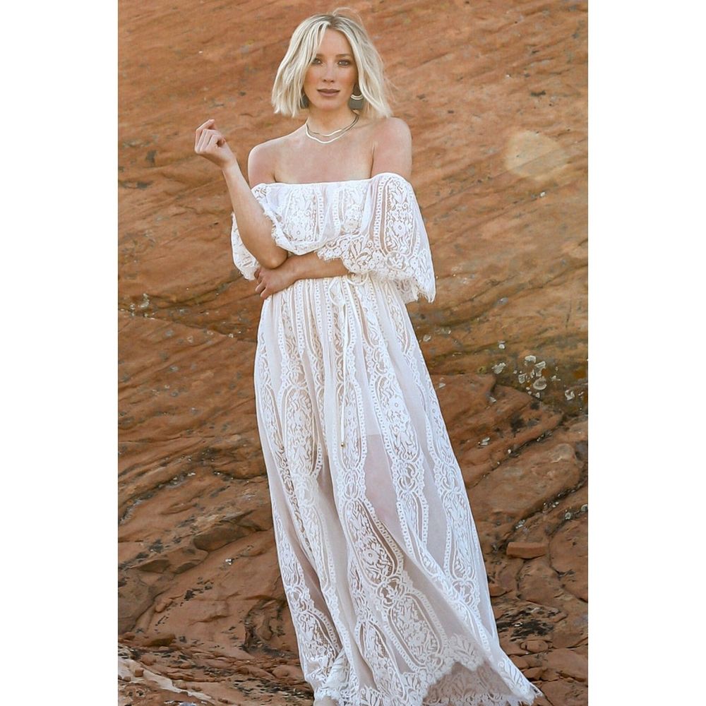 Boho Off-Shoulder White Lace Maxi Dress